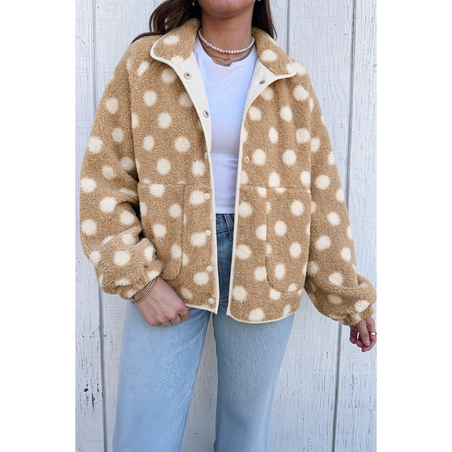 Khaki Polka Dot Faux Fur Metal Button Placket Shift Silhouette Jacket / S / Shell:100% Polyester + Lining:100% Polyester Outerwear/Jackets