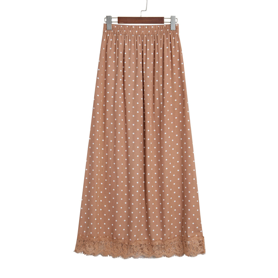 Khaki Polka Dot Lace Hem Elegant Long Shift Skirt Bottoms/Skirts & Petticoat