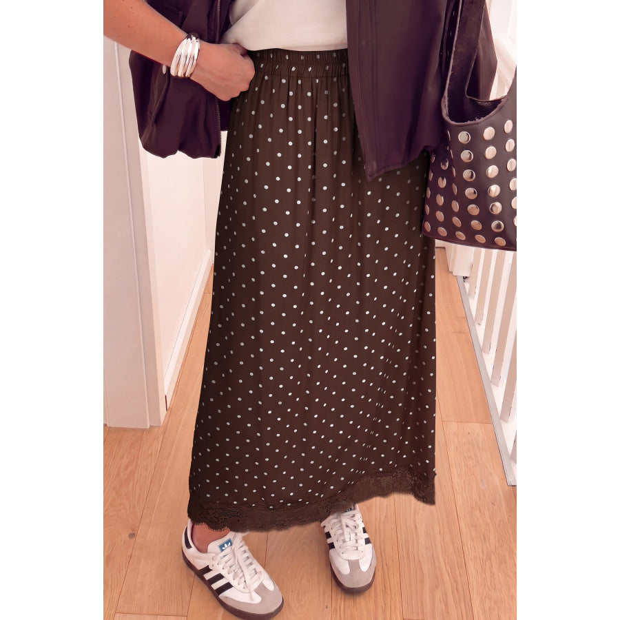 Khaki Polka Dot Lace Hem Elegant Long Shift Skirt Bottoms/Skirts & Petticoat