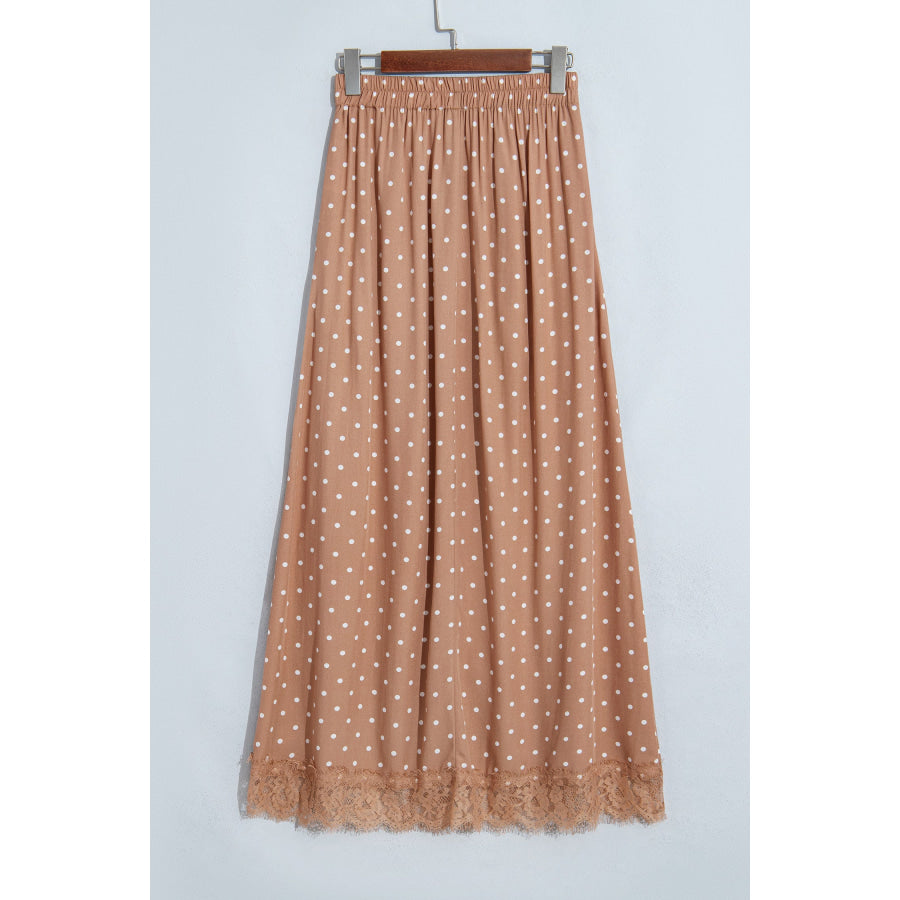 Khaki Polka Dot Lace Hem Elegant Long Shift Skirt Bottoms/Skirts & Petticoat