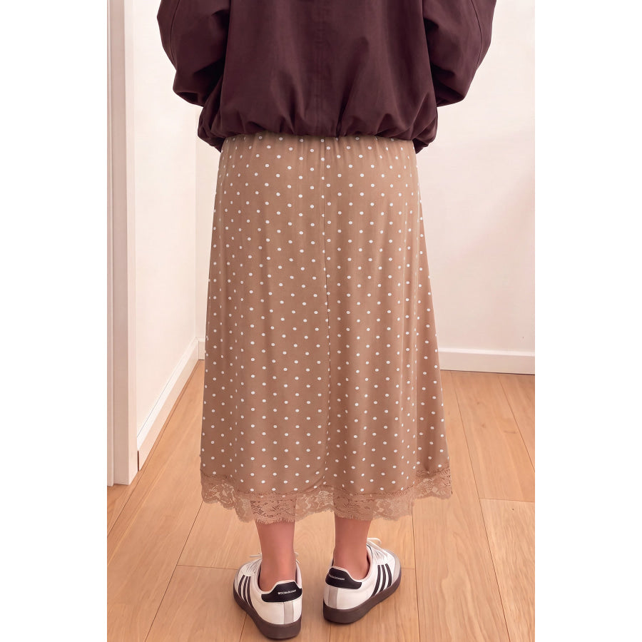 Khaki Polka Dot Lace Hem Elegant Long Shift Skirt Bottoms/Skirts & Petticoat