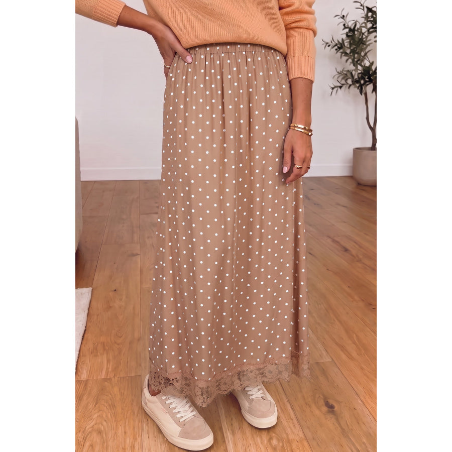 Khaki Polka Dot Lace Hem Elegant Long Shift Skirt Bottoms/Skirts & Petticoat