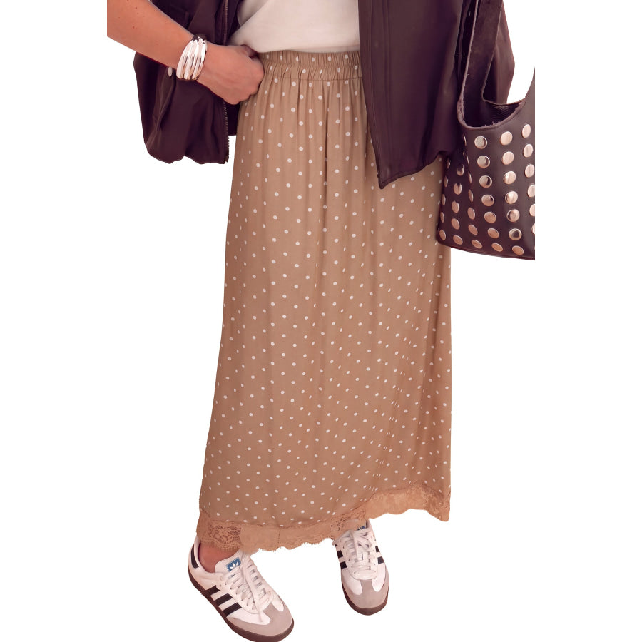 Khaki Polka Dot Lace Hem Elegant Long Shift Skirt Bottoms/Skirts & Petticoat