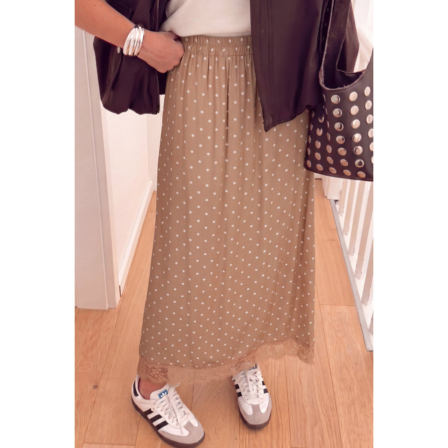 Khaki Polka Dot Lace Hem Elegant Long Shift Skirt Bottoms/Skirts & Petticoat