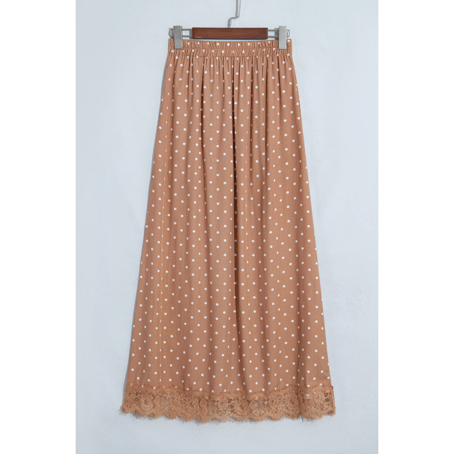 Khaki Polka Dot Lace Hem Elegant Long Shift Skirt Bottoms/Skirts & Petticoat