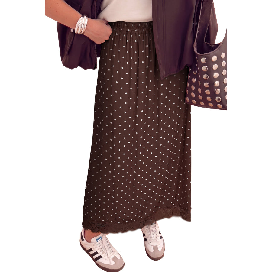 Khaki Polka Dot Lace Hem Elegant Long Shift Skirt Bottoms/Skirts & Petticoat