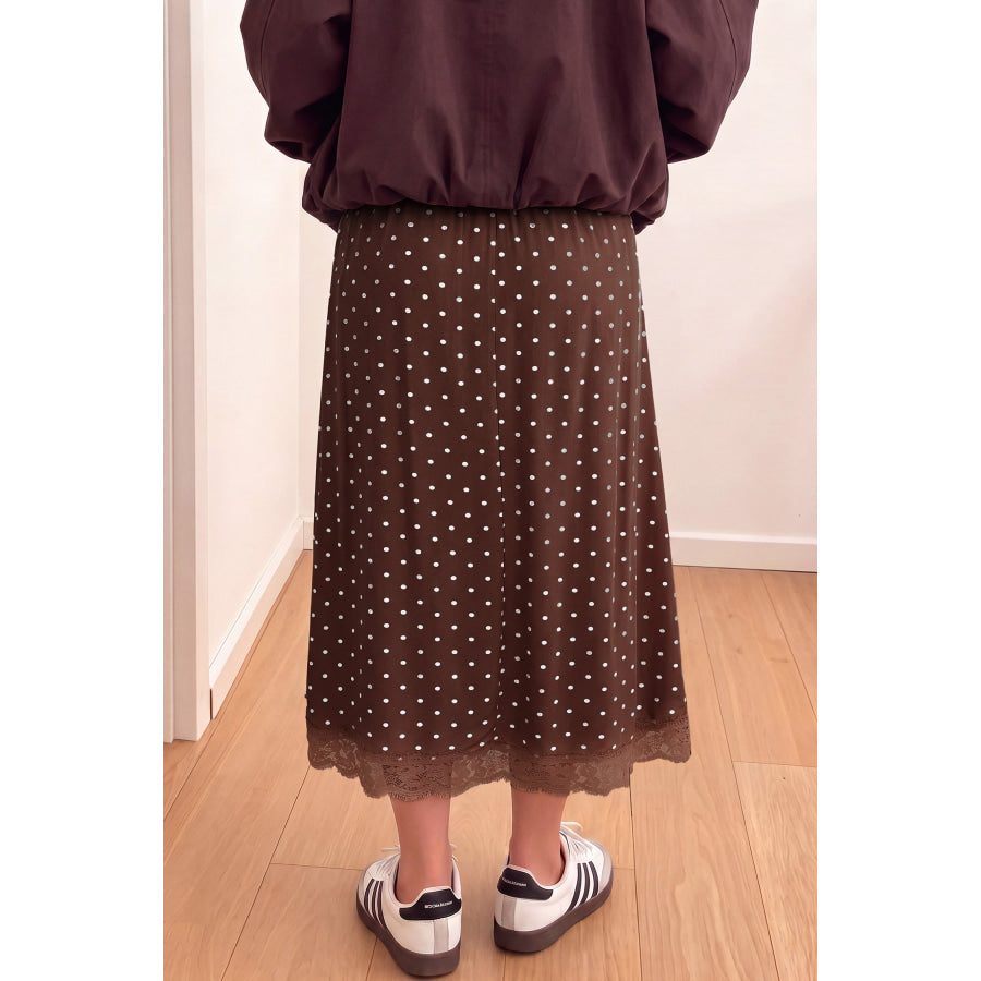 Khaki Polka Dot Lace Hem Elegant Long Shift Skirt Bottoms/Skirts & Petticoat