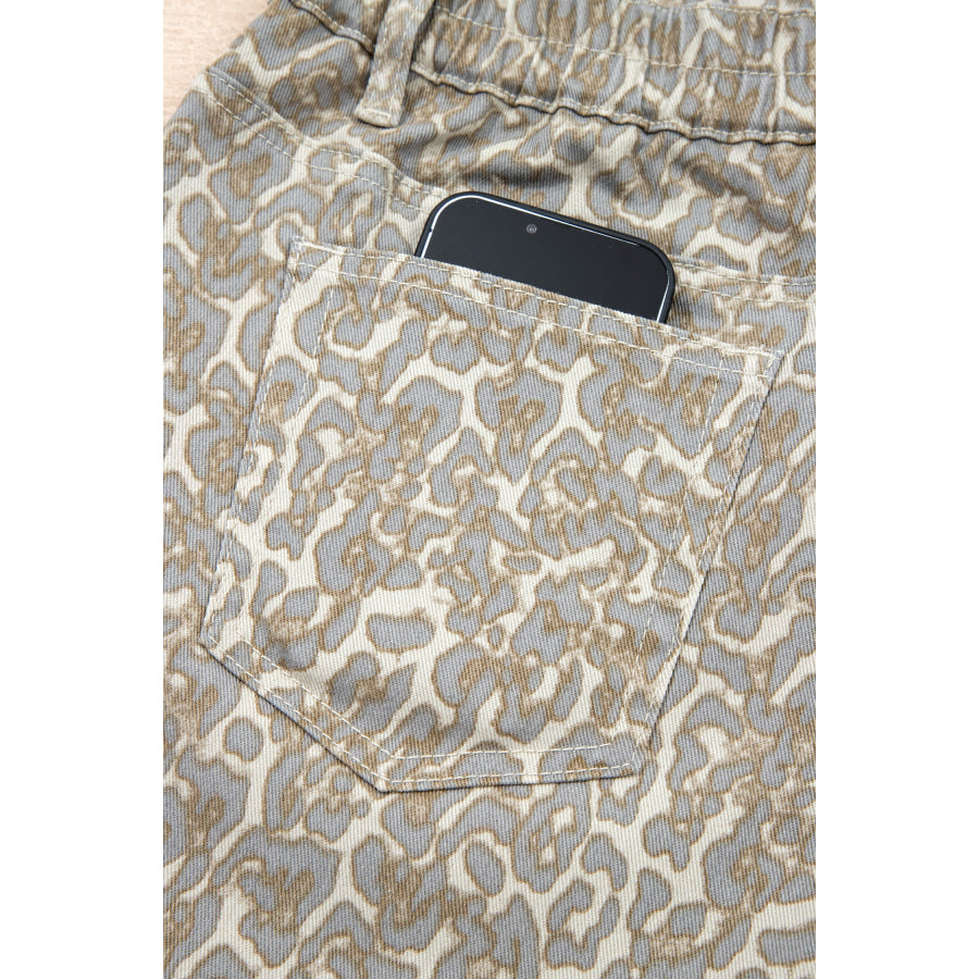 Khaki Raw Edge Leopard Print Denim Shorts Bottoms/Denim Shorts