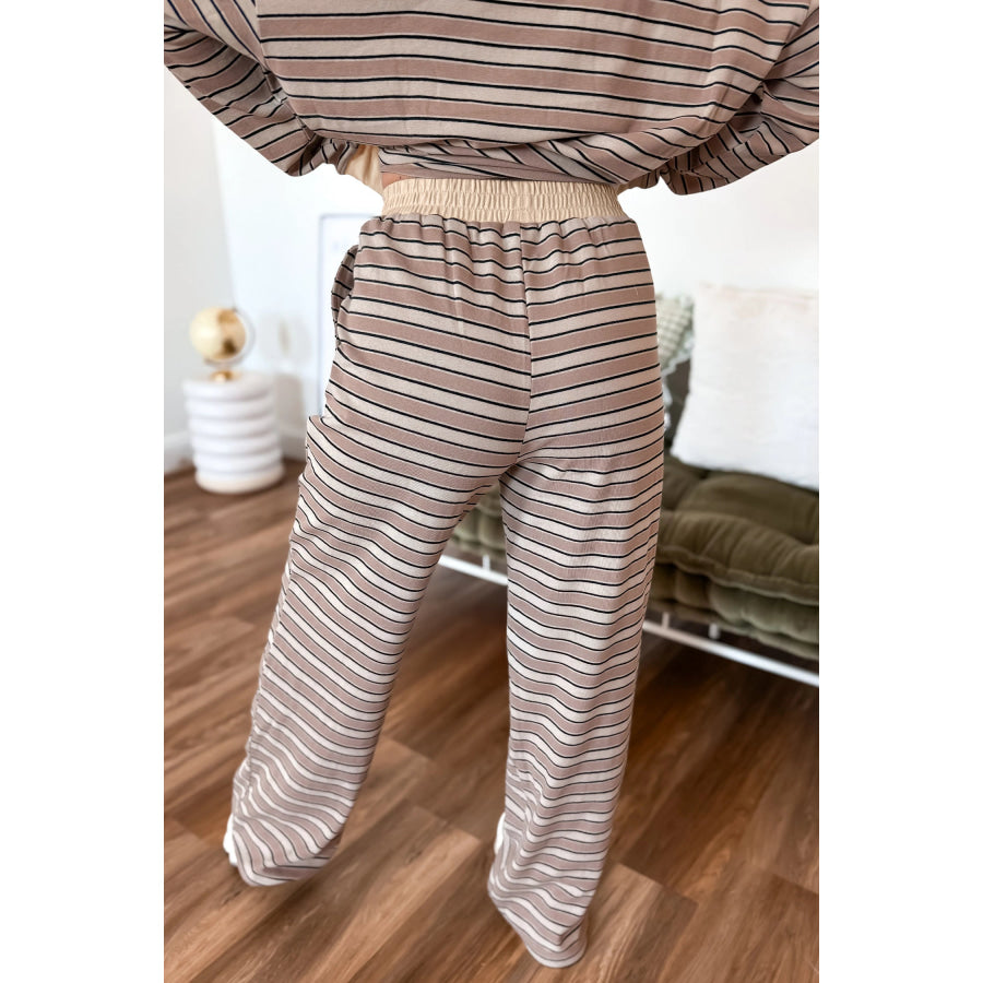 Khaki Stripe Contrast Trim Long Sleeve Top Elastic Waist Pants Set Two Piece Sets/Pant Sets