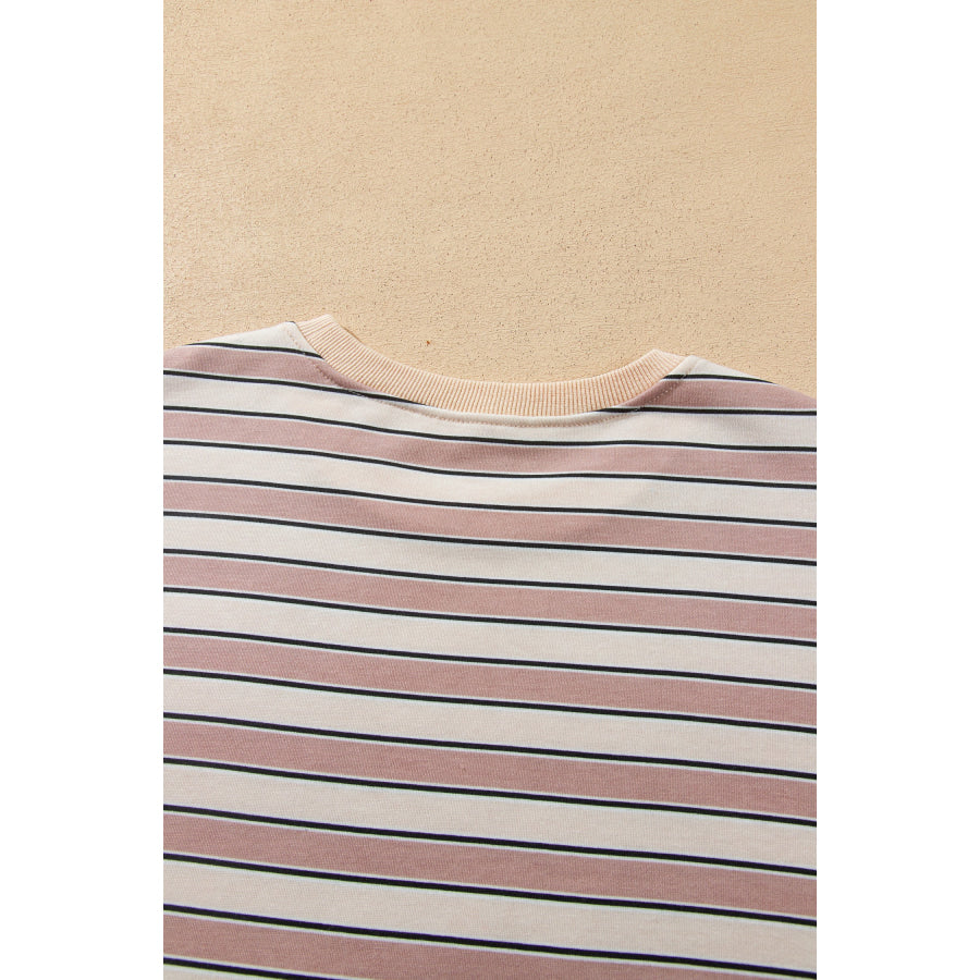 Khaki Stripe Contrast Trim Long Sleeve Top Elastic Waist Pants Set Two Piece Sets/Pant Sets