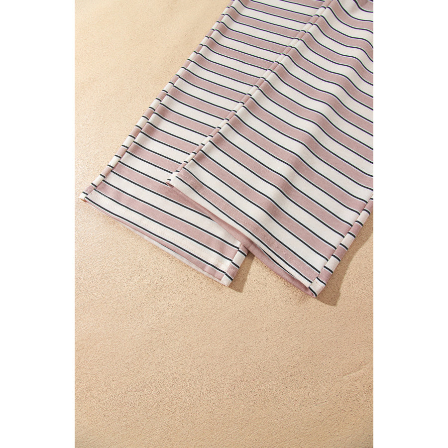 Khaki Stripe Contrast Trim Long Sleeve Top Elastic Waist Pants Set Two Piece Sets/Pant Sets