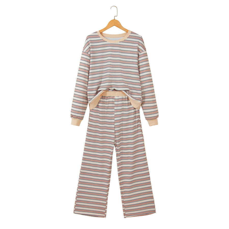 Khaki Stripe Contrast Trim Long Sleeve Top Elastic Waist Pants Set Two Piece Sets/Pant Sets