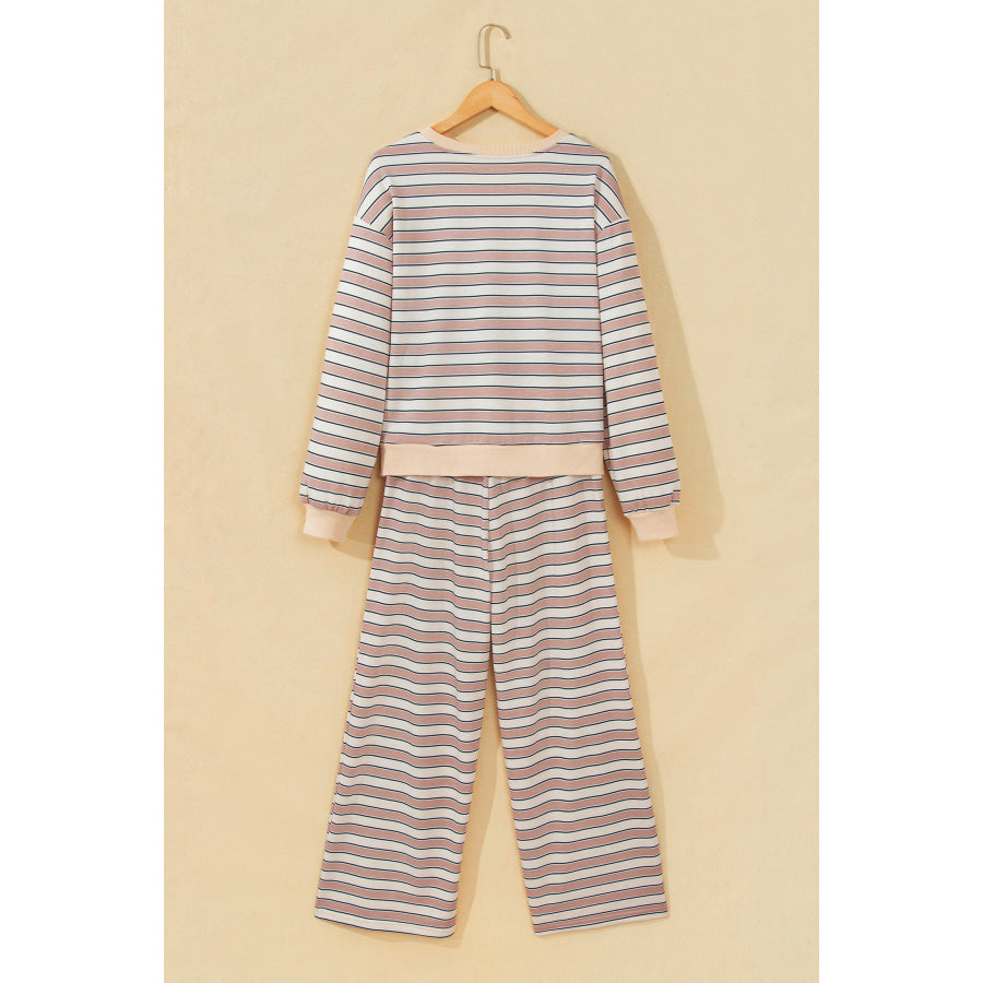 Khaki Stripe Contrast Trim Long Sleeve Top Elastic Waist Pants Set Two Piece Sets/Pant Sets