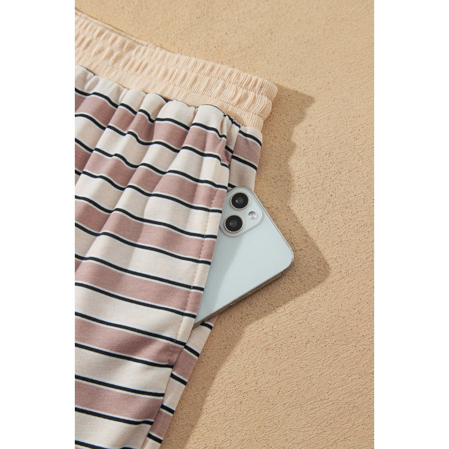 Khaki Stripe Contrast Trim Long Sleeve Top Elastic Waist Pants Set Two Piece Sets/Pant Sets