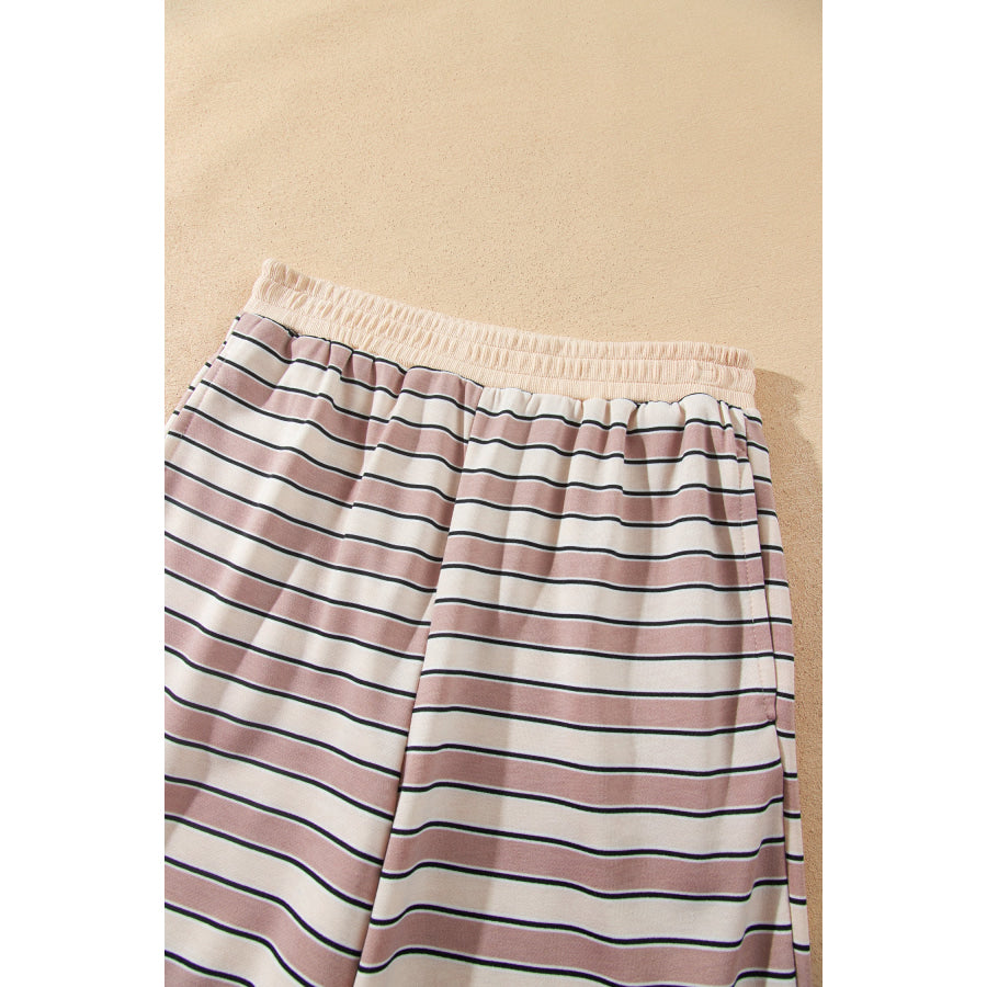 Khaki Stripe Contrast Trim Long Sleeve Top Elastic Waist Pants Set Two Piece Sets/Pant Sets