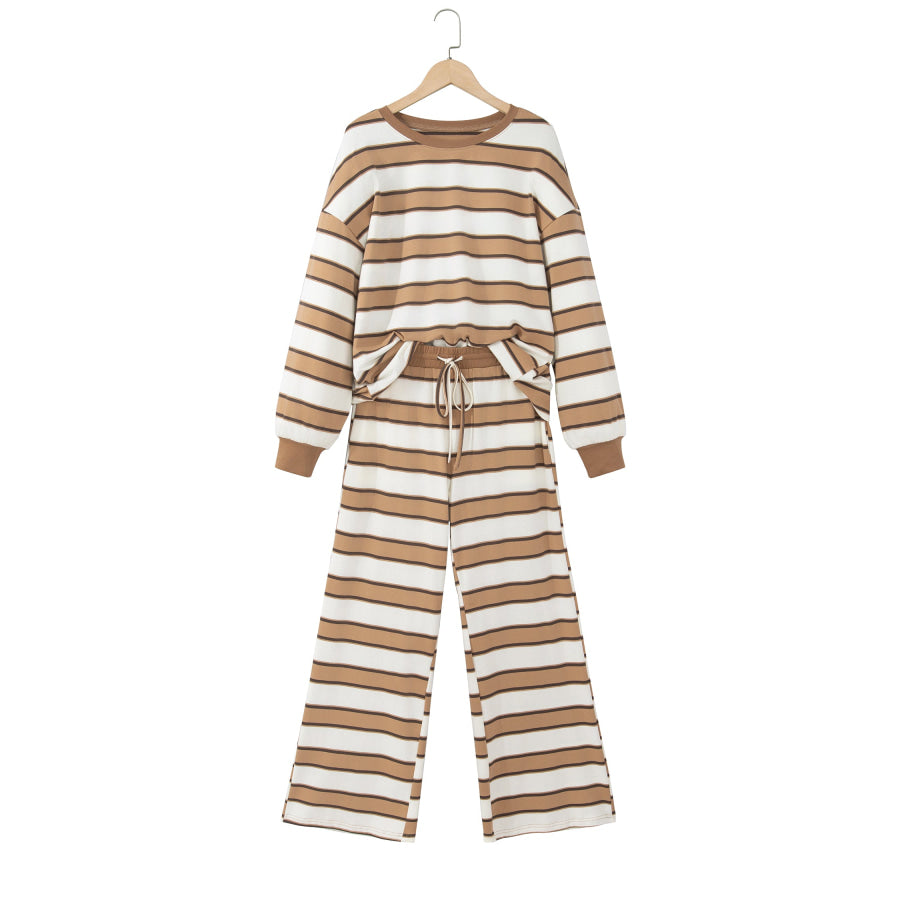 Khaki Stripe Contrast Trim Patchwork Casual Two-Piece Pants Set Two Piece Sets/Pant Sets