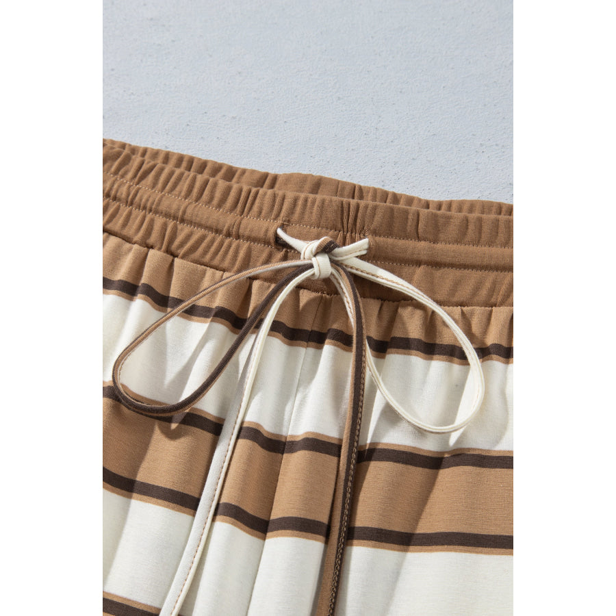 Khaki Stripe Contrast Trim Patchwork Casual Two-Piece Pants Set Two Piece Sets/Pant Sets