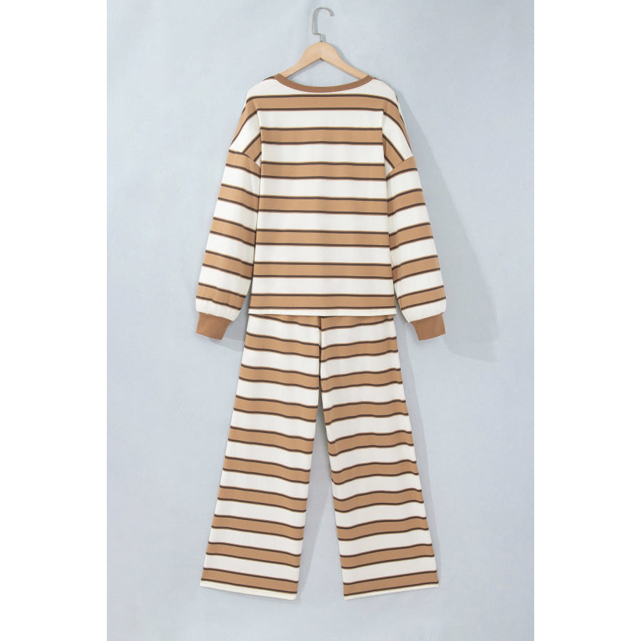 Khaki Stripe Contrast Trim Patchwork Casual Two-Piece Pants Set Two Piece Sets/Pant Sets