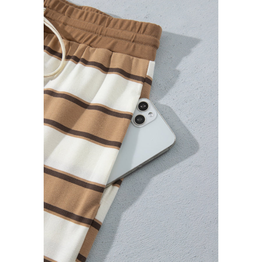 Khaki Stripe Contrast Trim Patchwork Casual Two-Piece Pants Set Two Piece Sets/Pant Sets
