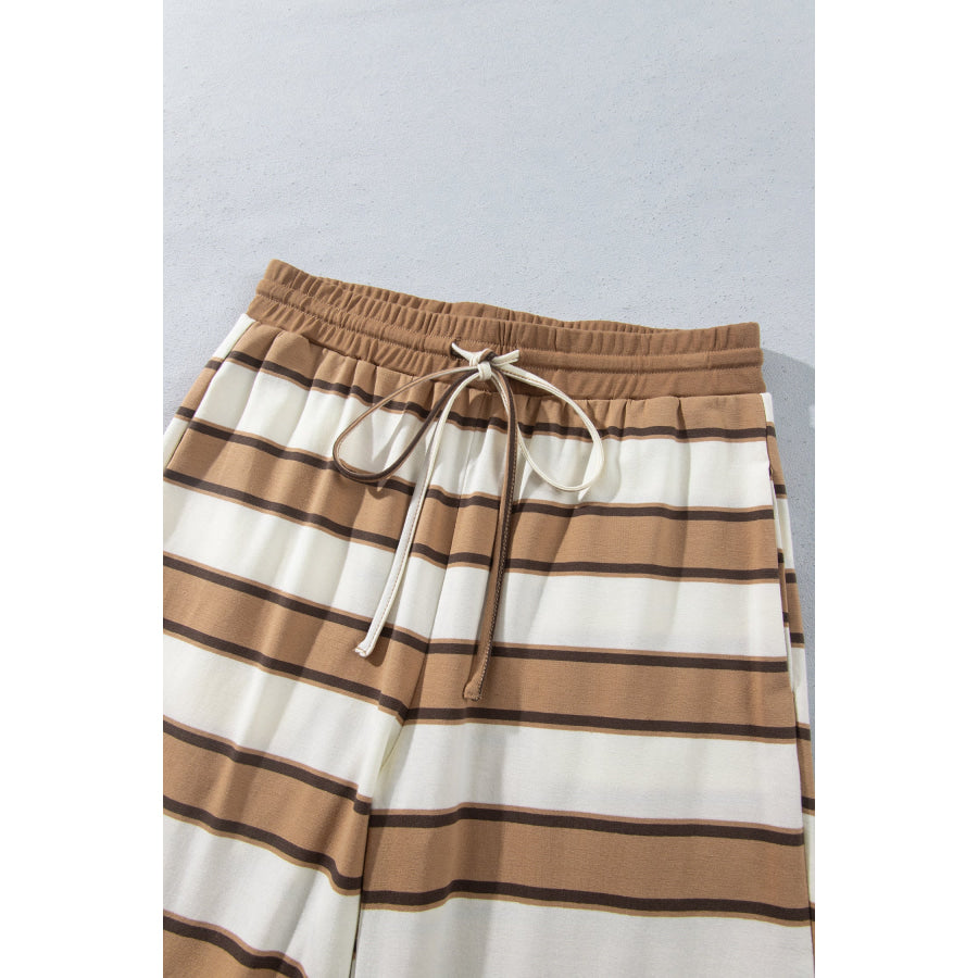 Khaki Stripe Contrast Trim Patchwork Casual Two-Piece Pants Set Two Piece Sets/Pant Sets