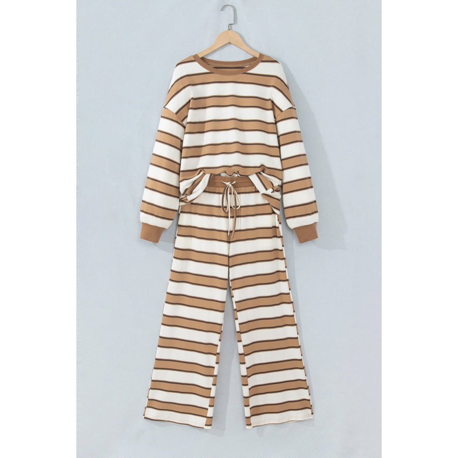Khaki Stripe Contrast Trim Patchwork Casual Two-Piece Pants Set Two Piece Sets/Pant Sets