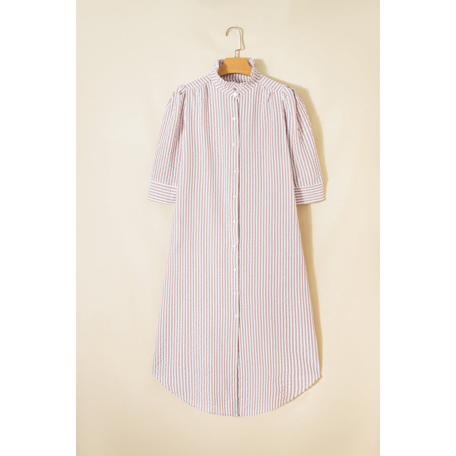 Khaki Stripe Frilled Collar Half Sleeve Shirt Maxi Dress Dresses/Maxi Dresses