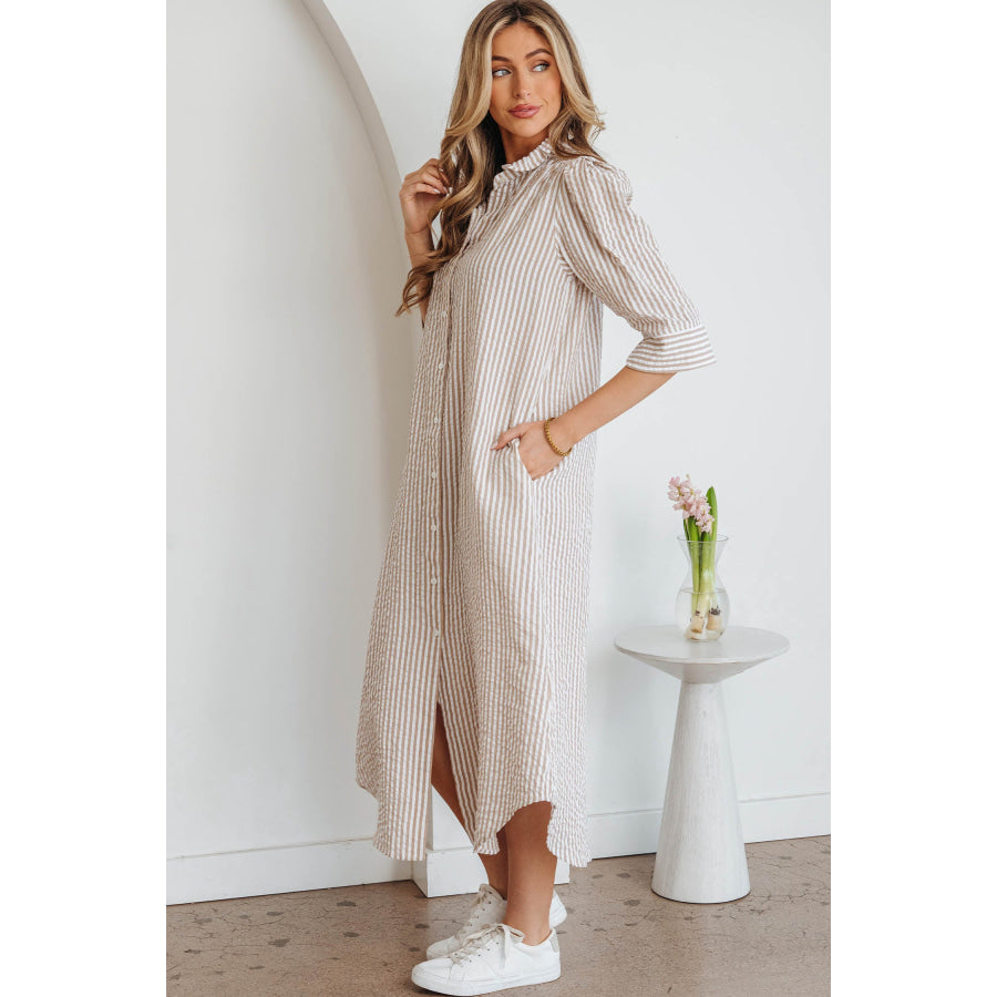 Khaki Stripe Frilled Collar Half Sleeve Shirt Maxi Dress Dresses/Maxi Dresses