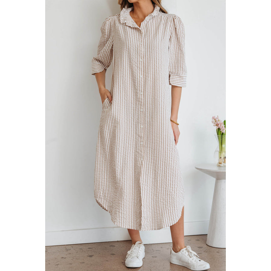 Khaki Stripe Frilled Collar Half Sleeve Shirt Maxi Dress Dresses/Maxi Dresses