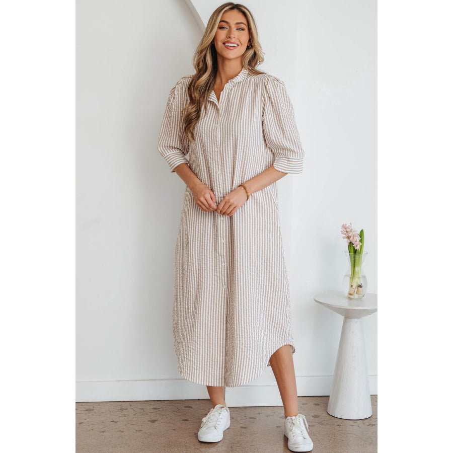 Khaki Stripe Frilled Collar Half Sleeve Shirt Maxi Dress Dresses/Maxi Dresses