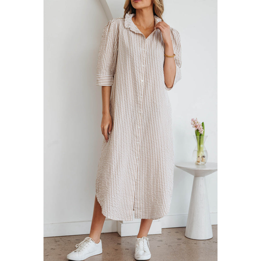 Khaki Stripe Frilled Collar Half Sleeve Shirt Maxi Dress Dresses/Maxi Dresses