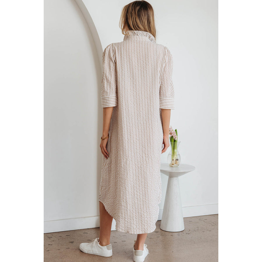 Khaki Stripe Frilled Collar Half Sleeve Shirt Maxi Dress Khaki Stripe / S / 50% Polyester + 50% Cotton Dresses/Maxi Dresses