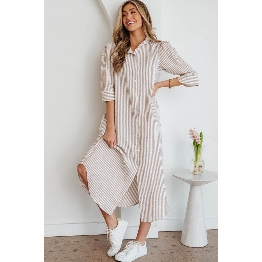 Khaki Stripe Frilled Collar Half Sleeve Shirt Maxi Dress Dresses/Maxi Dresses