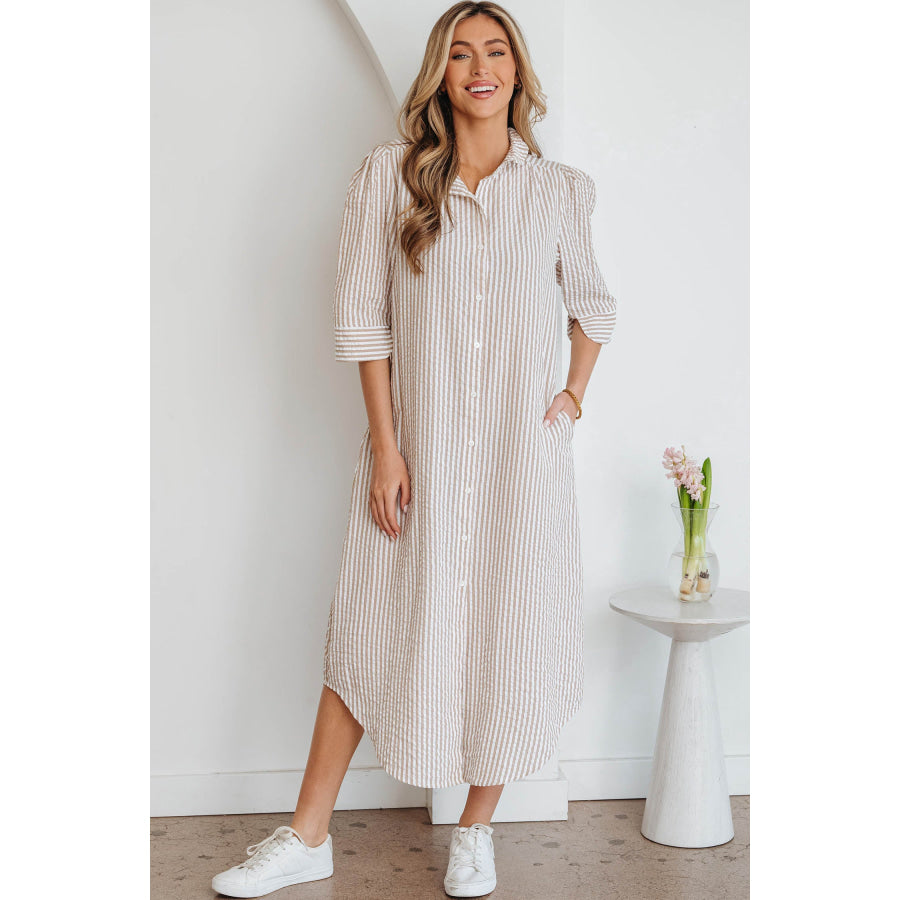 Khaki Stripe Frilled Collar Half Sleeve Shirt Maxi Dress Khaki Stripe / S / 50% Polyester + 50% Cotton Dresses/Maxi Dresses