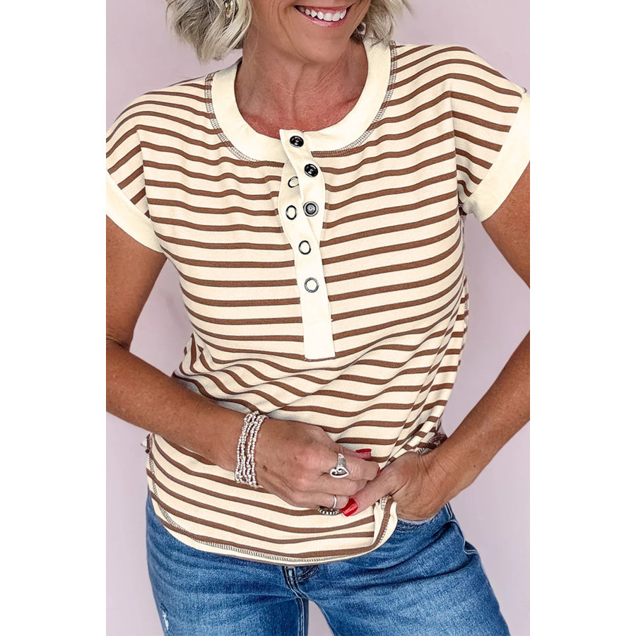 Khaki Stripe Half Buttons Round Neck T Shirt Khaki Stripe / S / 95% Polyester + 5% Elastane Tops/Tops & Tees