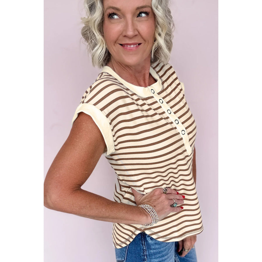 Khaki Stripe Half Buttons Round Neck T Shirt Tops/Tops & Tees