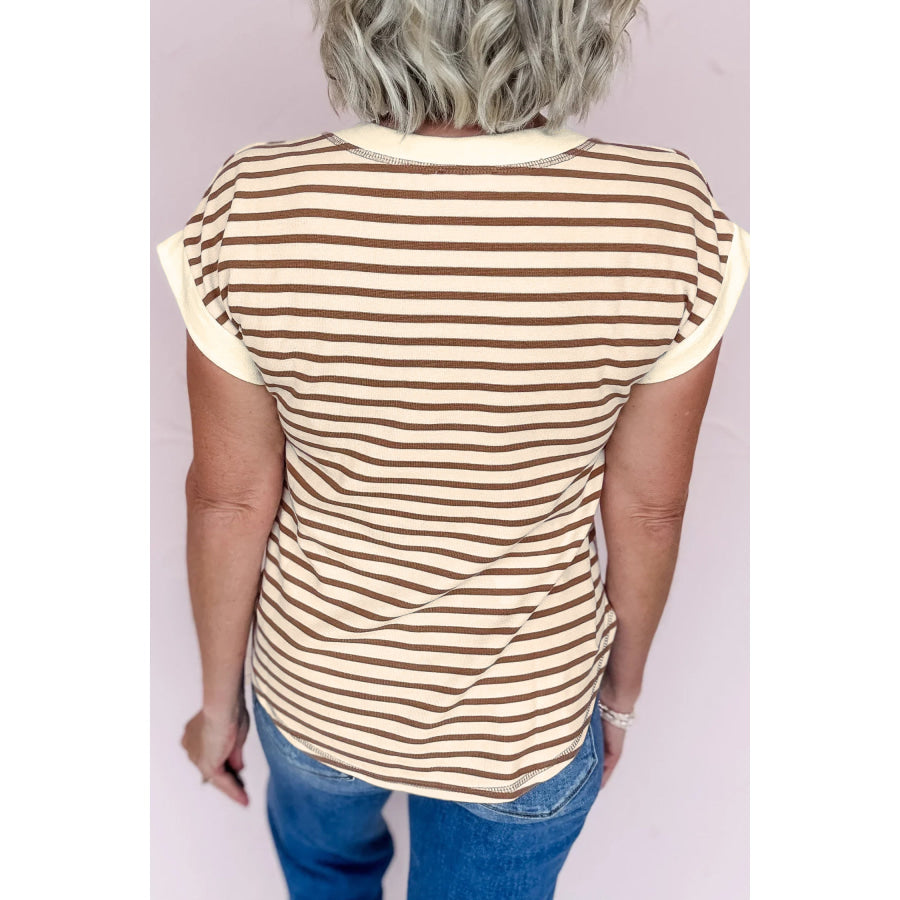 Khaki Stripe Half Buttons Round Neck T Shirt Tops/Tops & Tees