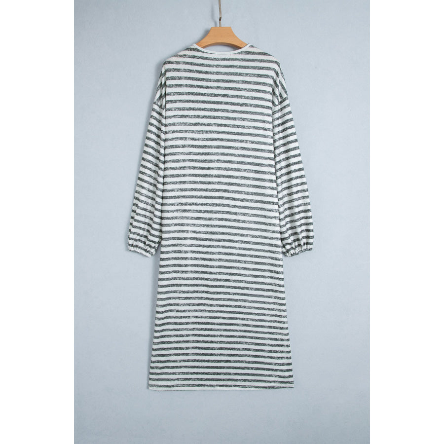 Khaki Stripe Long Puff Sleeve Open Front Oversized Long Cardigan Sweaters & Cardigans/Cardigans
