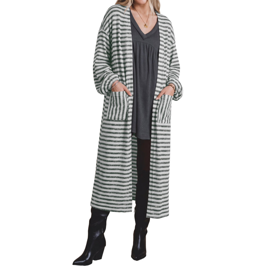 Khaki Stripe Long Puff Sleeve Open Front Oversized Long Cardigan Sweaters & Cardigans/Cardigans