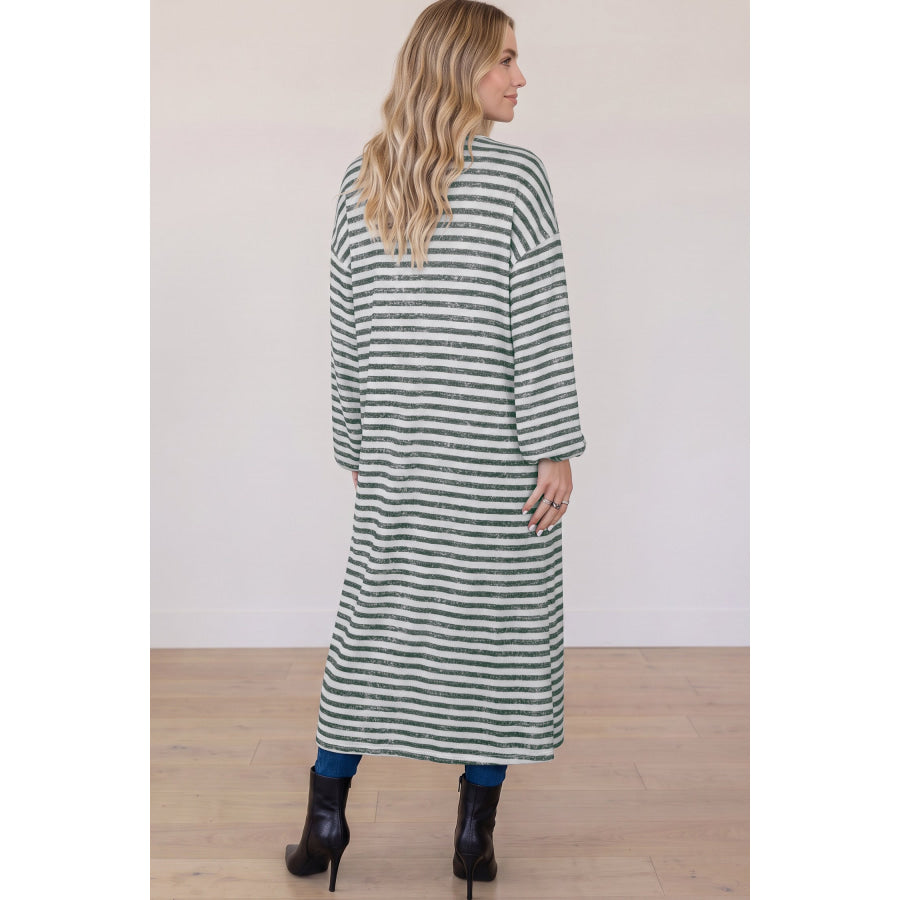Khaki Stripe Long Puff Sleeve Open Front Oversized Long Cardigan Sweaters & Cardigans/Cardigans