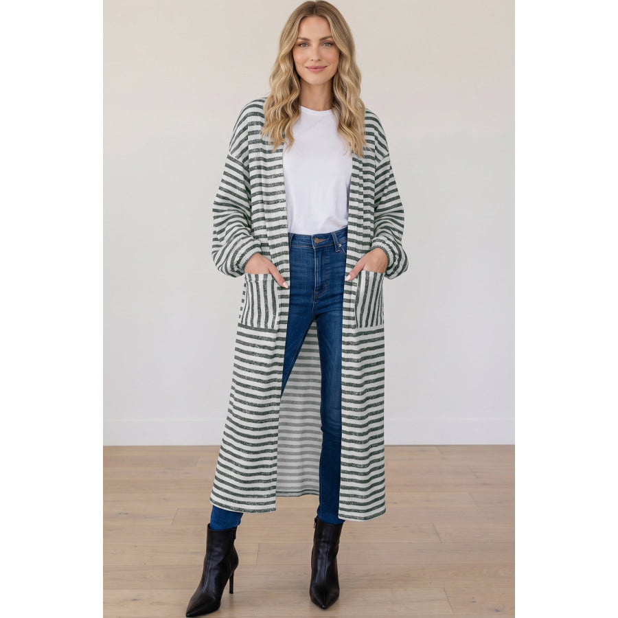 Khaki Stripe Long Puff Sleeve Open Front Oversized Long Cardigan Sweaters & Cardigans/Cardigans