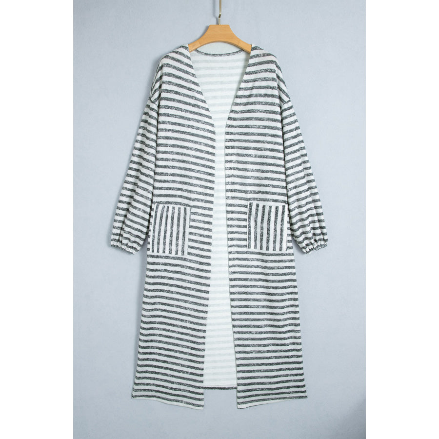 Khaki Stripe Long Puff Sleeve Open Front Oversized Long Cardigan Sweaters & Cardigans/Cardigans