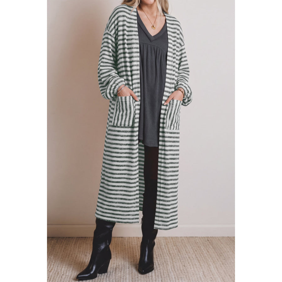 Khaki Stripe Long Puff Sleeve Open Front Oversized Long Cardigan Sweaters & Cardigans/Cardigans