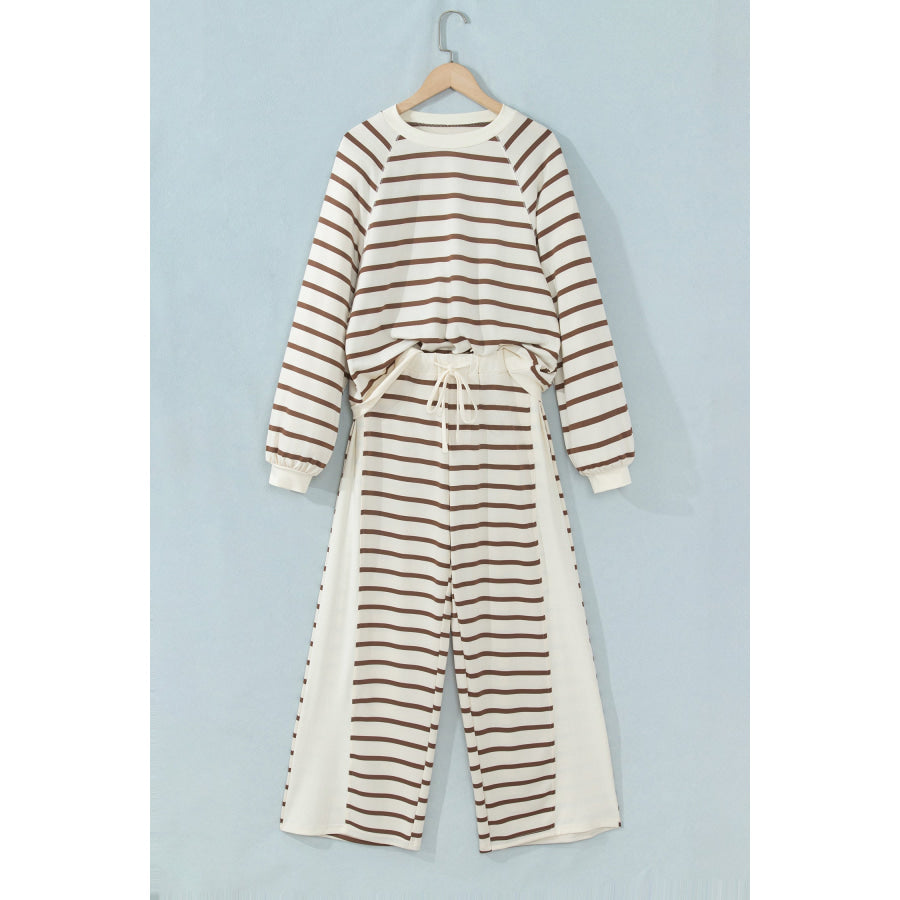 Khaki Stripe Relaxed Long Sleeve Top Color Block Detail Drawstring Pant Set Two Piece Sets/Pant Sets