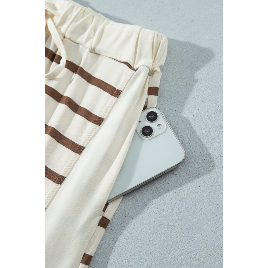 Khaki Stripe Relaxed Long Sleeve Top Color Block Detail Drawstring Pant Set Two Piece Sets/Pant Sets
