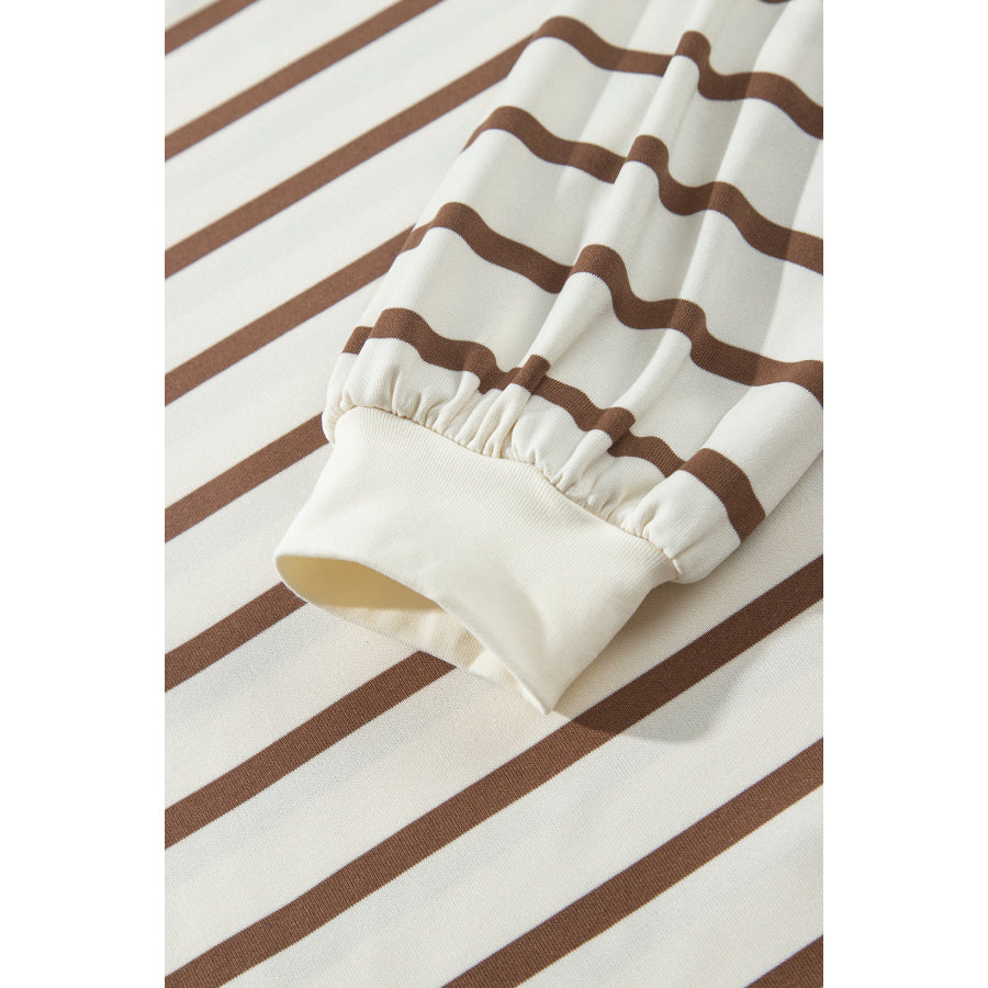 Khaki Stripe Relaxed Long Sleeve Top Color Block Detail Drawstring Pant Set Two Piece Sets/Pant Sets