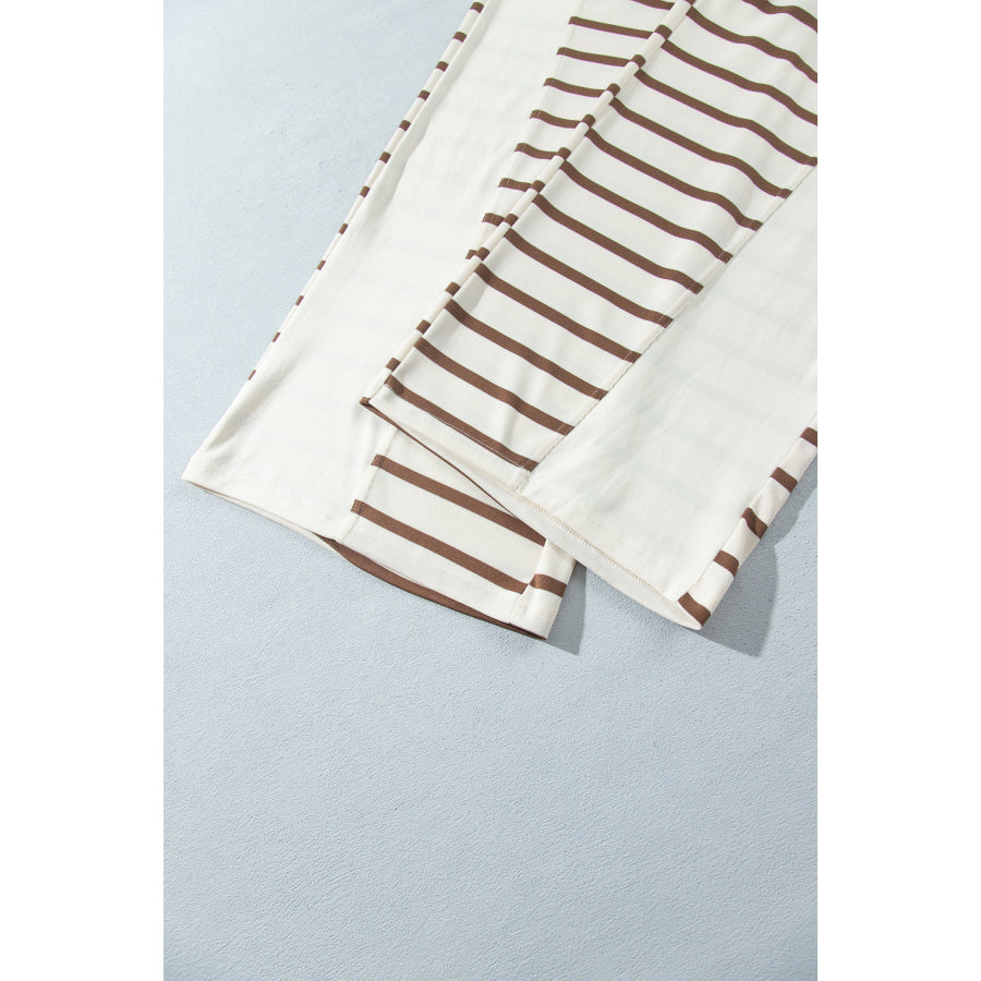 Khaki Stripe Relaxed Long Sleeve Top Color Block Detail Drawstring Pant Set Two Piece Sets/Pant Sets