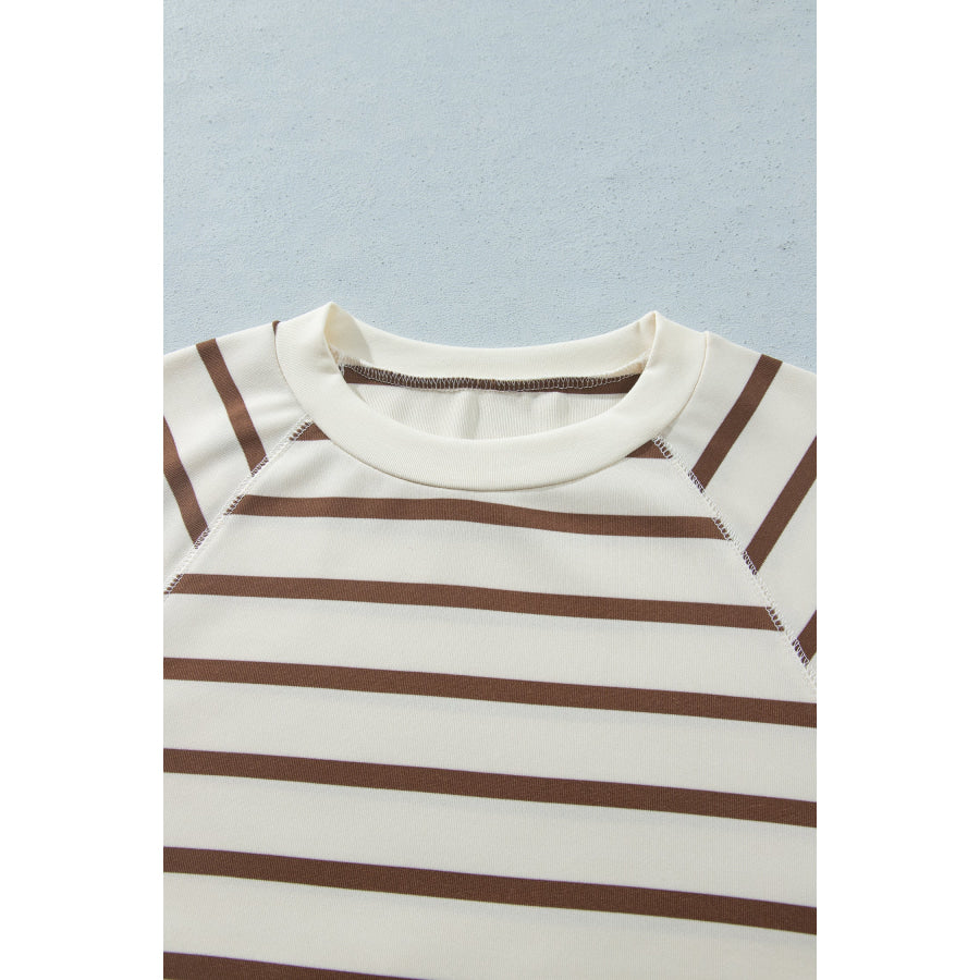 Khaki Stripe Relaxed Long Sleeve Top Color Block Detail Drawstring Pant Set Two Piece Sets/Pant Sets