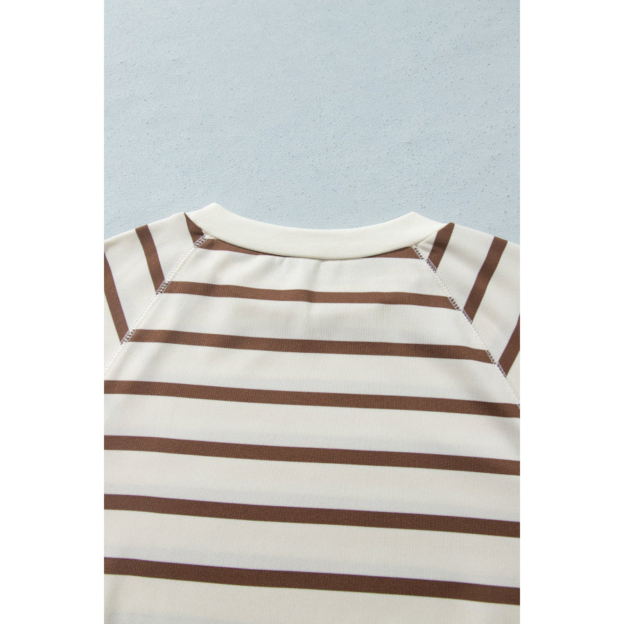 Khaki Stripe Relaxed Long Sleeve Top Color Block Detail Drawstring Pant Set Two Piece Sets/Pant Sets
