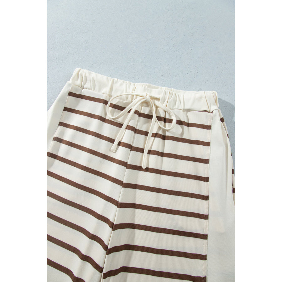 Khaki Stripe Relaxed Long Sleeve Top Color Block Detail Drawstring Pant Set Two Piece Sets/Pant Sets