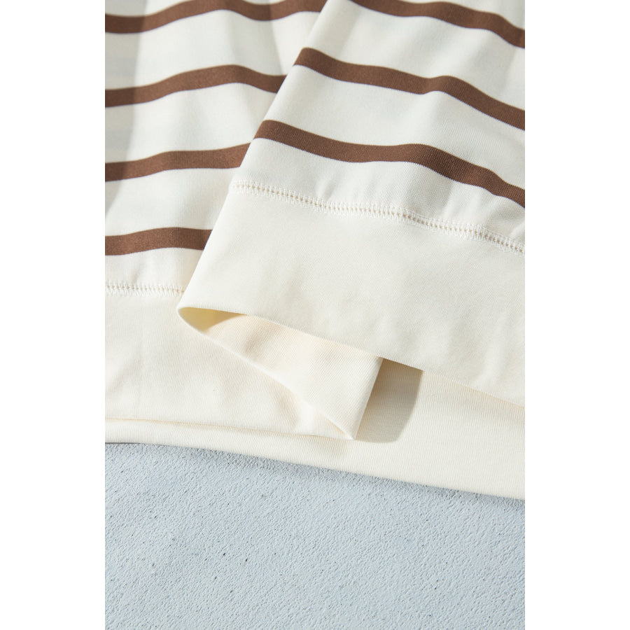 Khaki Stripe Relaxed Long Sleeve Top Color Block Detail Drawstring Pant Set Two Piece Sets/Pant Sets